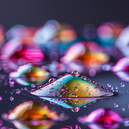Colorful drops of water on a dark background. Shallow depth of field.の素材