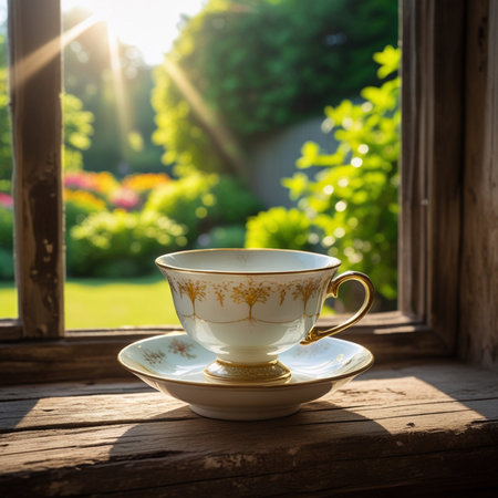 Cup of coffee on the windowsill at sunset in the gardenの素材