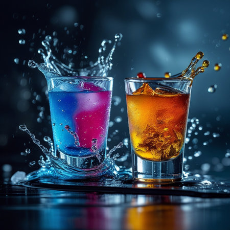 Colorful cocktails with splashes and drops on a dark background.の素材