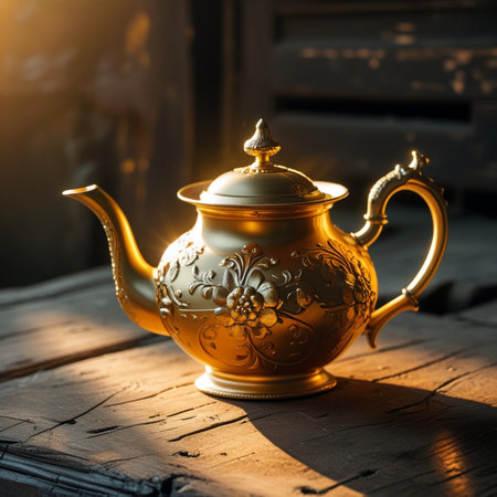 Antique gold teapot on a wooden table in the sunlightの素材