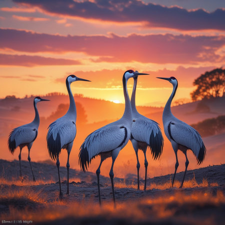 Red-crowned cranes (Grus japonensis) at sunriseの素材