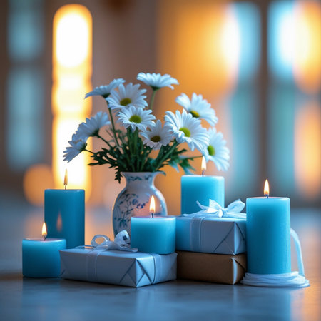 Blue candles, gift boxes and chamomiles in vase on wooden tableの素材