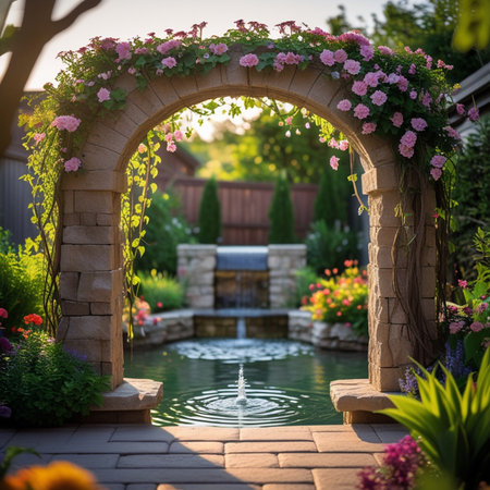 Beautiful blooming garden with fountain, arch and flowers in summerの素材