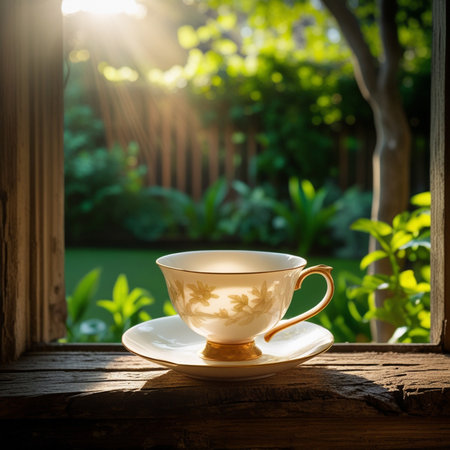 Coffee cup on the wooden table in the garden with sunlightの素材