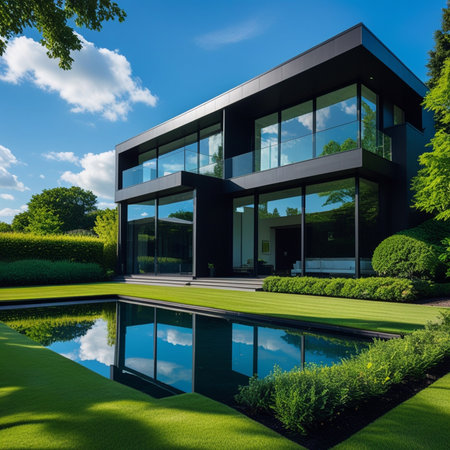 Modern black house with swimming pool and green grass. 3d renderingの素材