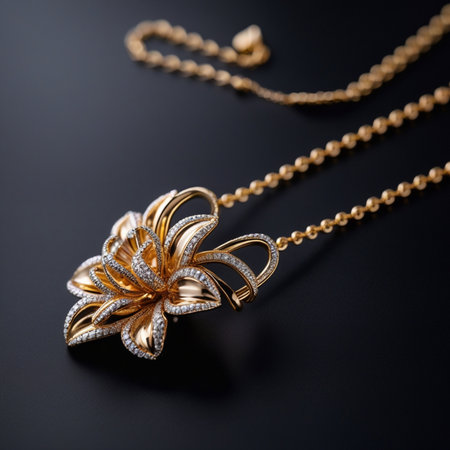 Gold necklace with a flower on a black background. Jewelry.の素材