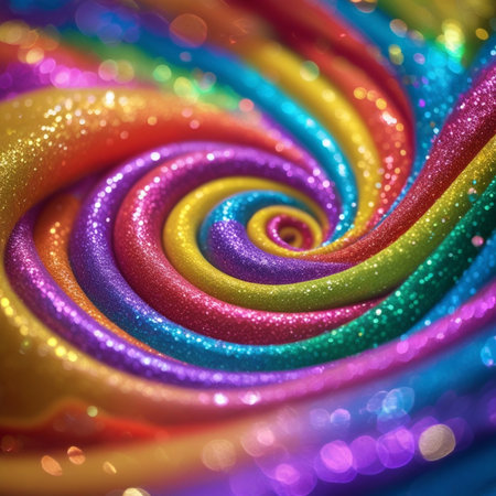 close up of glittering rainbow color swirl candy on blur bokeh backgroundの素材