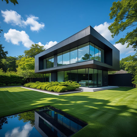 Modern building with green lawn and reflection in the water. Perspective view.の素材