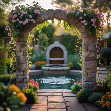 Wedding arch decorated with flowers in the garden at sunset.の素材