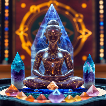 Meditating Buddha in lotus position with colorful crystals. 3d renderingの素材