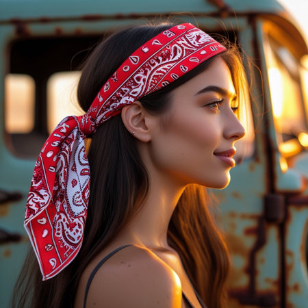 Portrait of a beautiful girl in a red bandana on the head.の素材