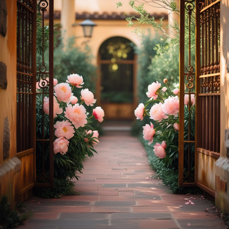 Wedding archway decorated with pink peonies and green leavesの素材