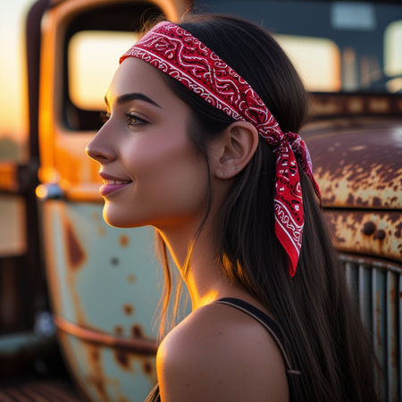 Portrait of a beautiful girl in a red bandana on her head against the background of an old rusty truck.の素材