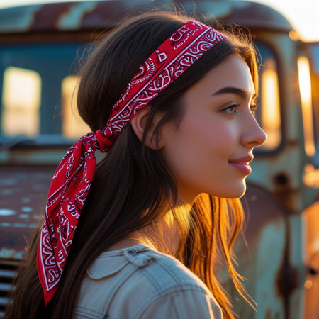 Portrait of a beautiful brunette girl in a red bandana on her head.の素材
