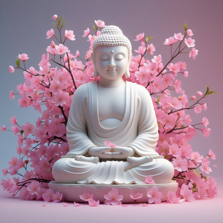 Buddha statue with cherry blossom background, 3d renderingの素材