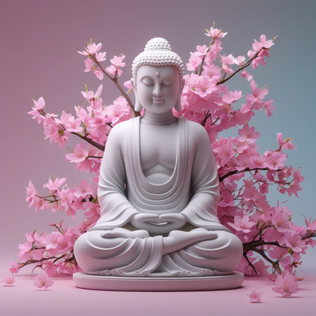 Buddha statue with pink sakura flowers. 3D renderingの素材