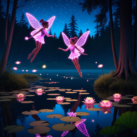 3d render of fairy and lotus on the lake at nightの素材