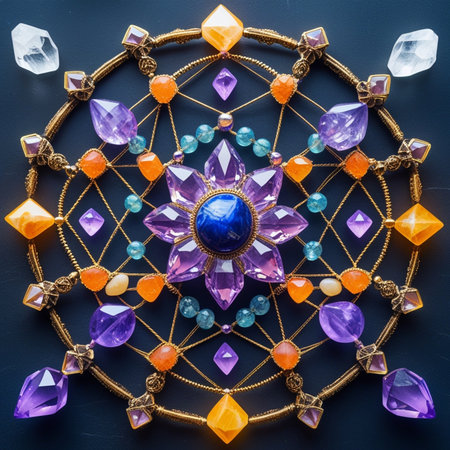 jewelry brooch with precious stones on a blue background.の素材