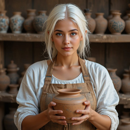 Portrait of young female potter in apron holding clay pot.の素材