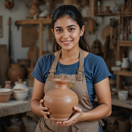 Portrait of smiling young female potter standing in pottery studioの素材