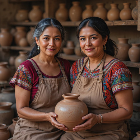 Two women working in a pottery workshop. They are smiling and looking at the camera.の素材