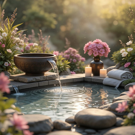Relaxing spa and aromatherapy in the garden with flowersの素材