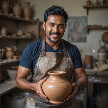 Portrait of smiling male potter holding clay pot in pottery workshopの素材