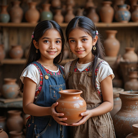 Two little girls with clay pots in pottery workshop, closeupの素材