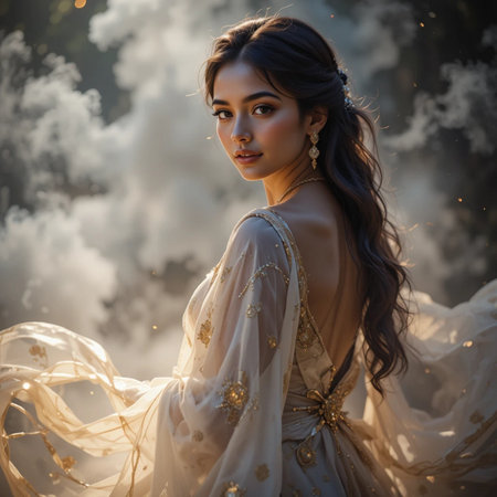 Beautiful asian woman in a long white dress in the forestの素材