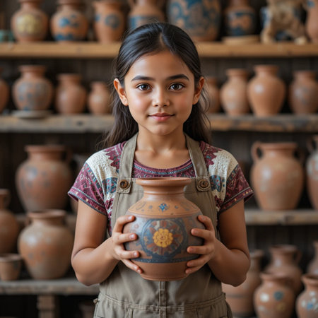 Portrait of little girl holding clay pot in pottery workshop.の素材