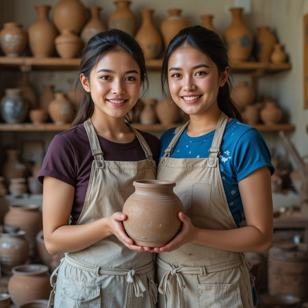 portrait of two young Asian female potter in pottery studioの素材