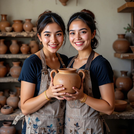 two young Asian female potter with clay pot in pottery workshopの素材