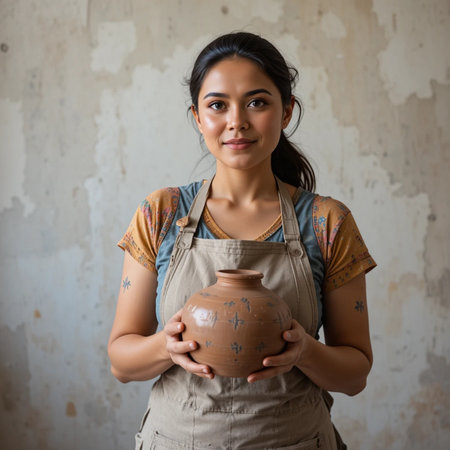 Portrait of a young woman holding a clay pot in her handsの素材