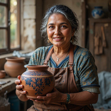 Portrait of an old woman holding a clay pot in her handsの素材