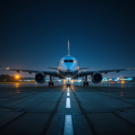 Airplane in the airport at night. Passenger plane on the runwayの素材