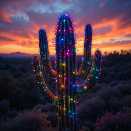 Cactus in the Arizona desert at sunset with colorful light effect.の素材