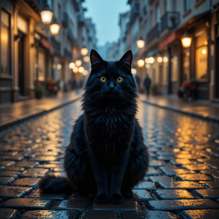 Black cat sitting on a cobblestone street in the evening.の素材