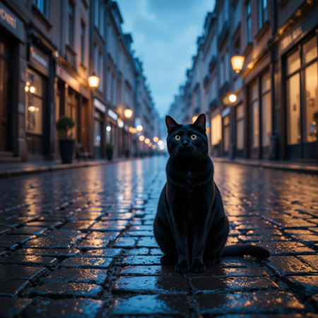 Black cat sitting on the street in the evening in the city.の素材