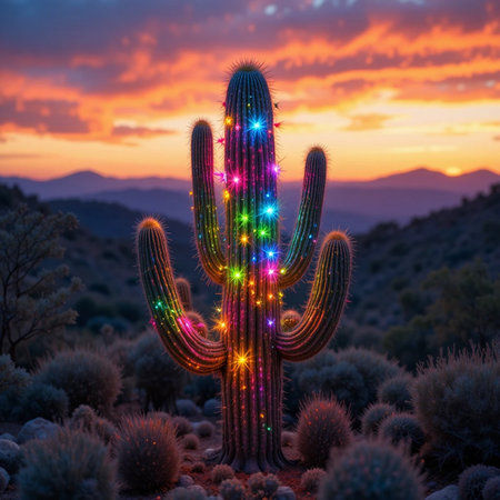 Saguaro Cactus with colorful lights in the desert at sunsetの素材