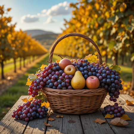 Wicker basket with ripe grapes, apples and pears in vineyardの素材