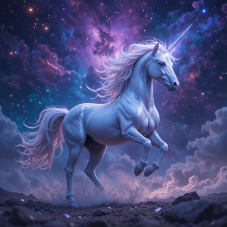 Unicorn in the starry sky. 3D illustration.の素材