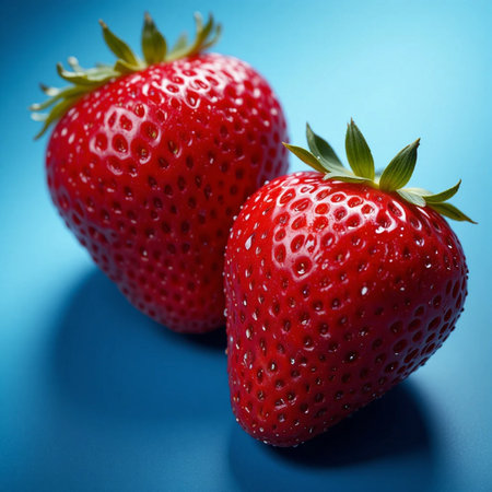 Strawberries on blue background. Shallow depth of field.の素材