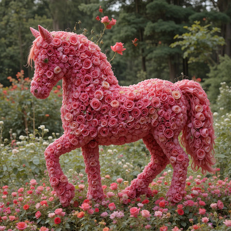 Horse made of rose flowers in the garden on a summer dayの素材