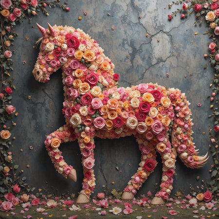 Horse made of flowers, roses and petals on grunge backgroundの素材