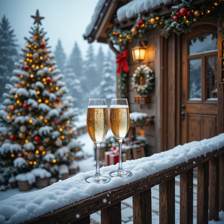 Two glasses of champagne on the background of a beautiful winter landscape with a Christmas treeの素材
