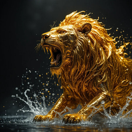 golden lion on a black background with water drops. 3d renderingの素材