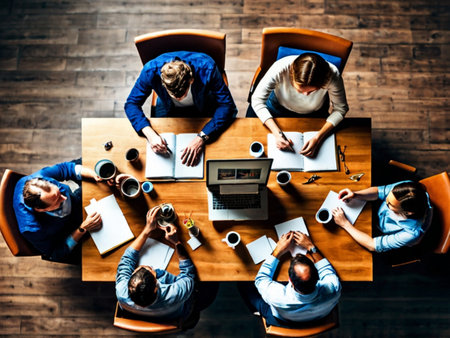 Top view of business people sitting at the table and working together in officeの素材