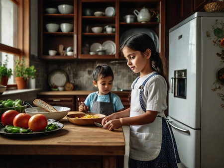 Cute little girl helping her sister to prepare food in the kitchenの素材