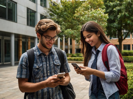 Smiling students using mobile phone while standing in front of university buildingの素材