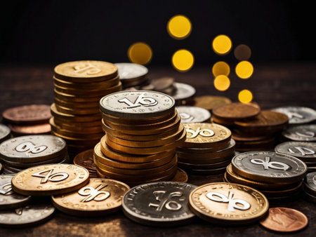 Pile of coins on wooden table with bokeh background.の素材